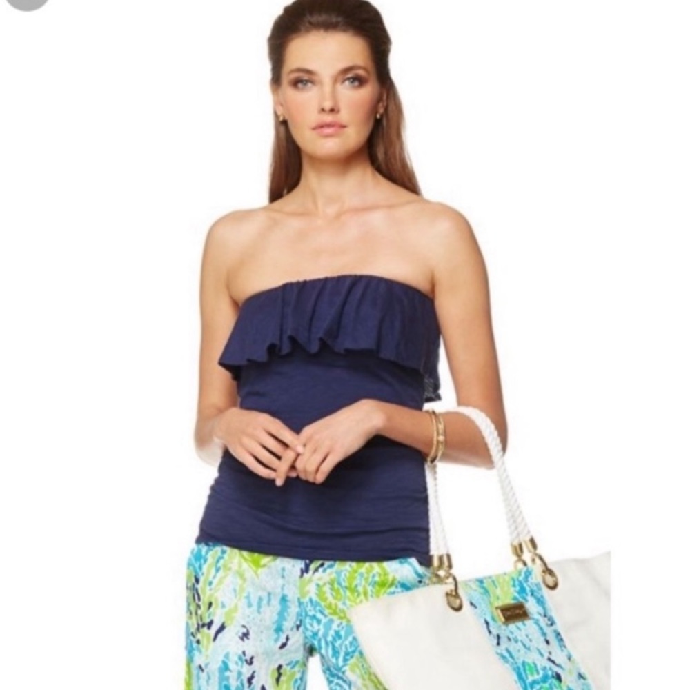 Lilly Pulitzer Navy Blue Wiley Pima Cotton Ruffle Preppy Tube Top size XS